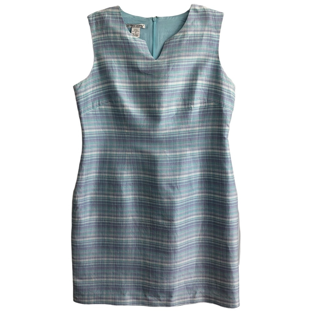 Jillian Jones Lilac Blue Plaid Silk Shantung Sleeveless Sheath Dress 12